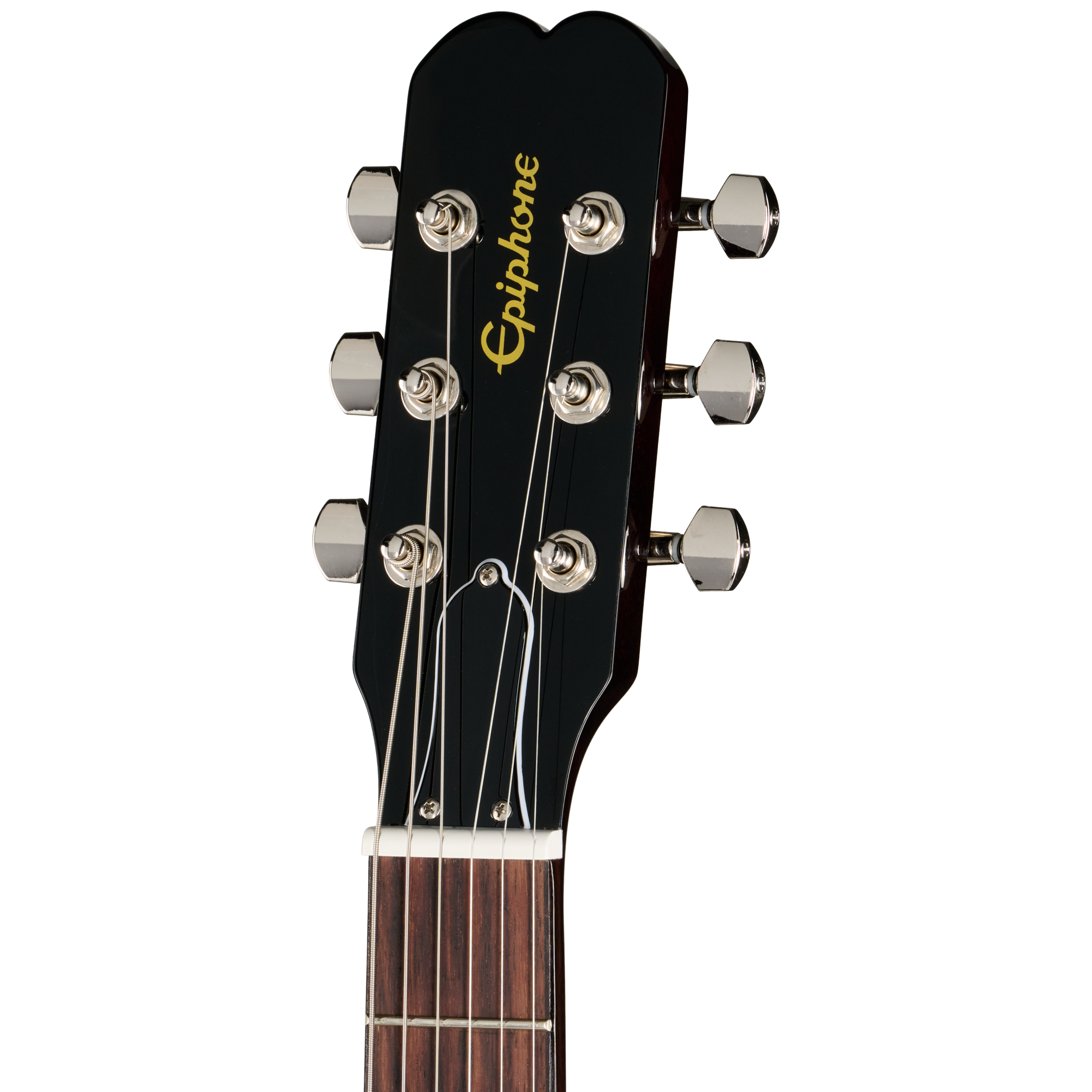 E-Gitarre, schwarzer Gitarrenkopf, sechs Saiten, Chrom-Mechaniken, Holzgriffbrett